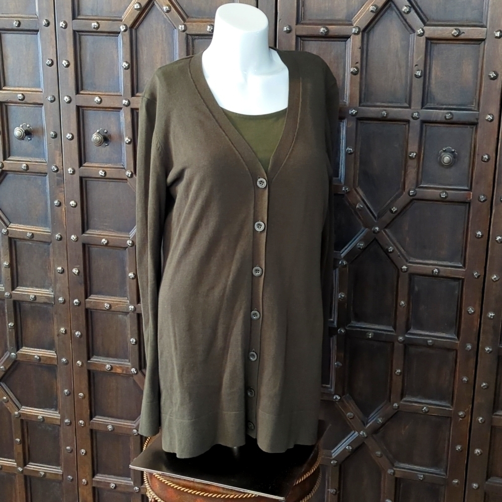 Two piece size L Tall and L Olive green cardigan and tank set, super soft